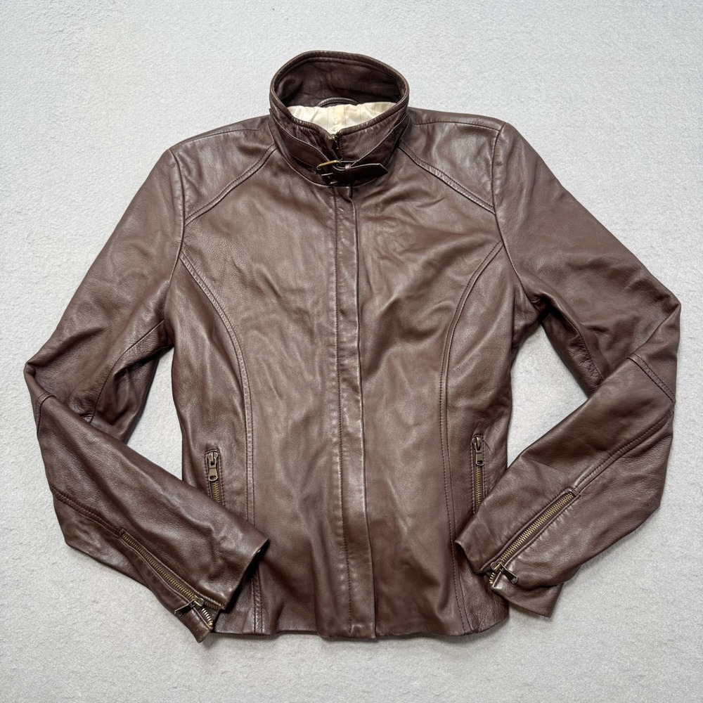 Vintage Vera Pelle Leather Jacket Women's 46 Brown Belted Moto Cafe Racer Italy